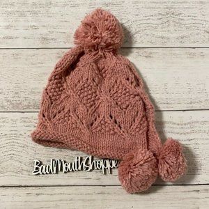 Mauve Pink Crochet Knit Beanie Winter Hat Pom Pom